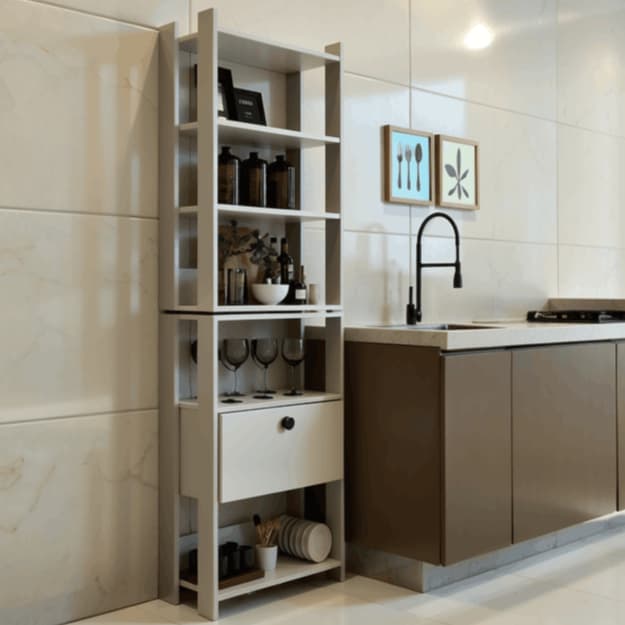 Estante Multiuso MDF com Prateleiras e Porta Basculante Organizador Cozinha Sala Quarto