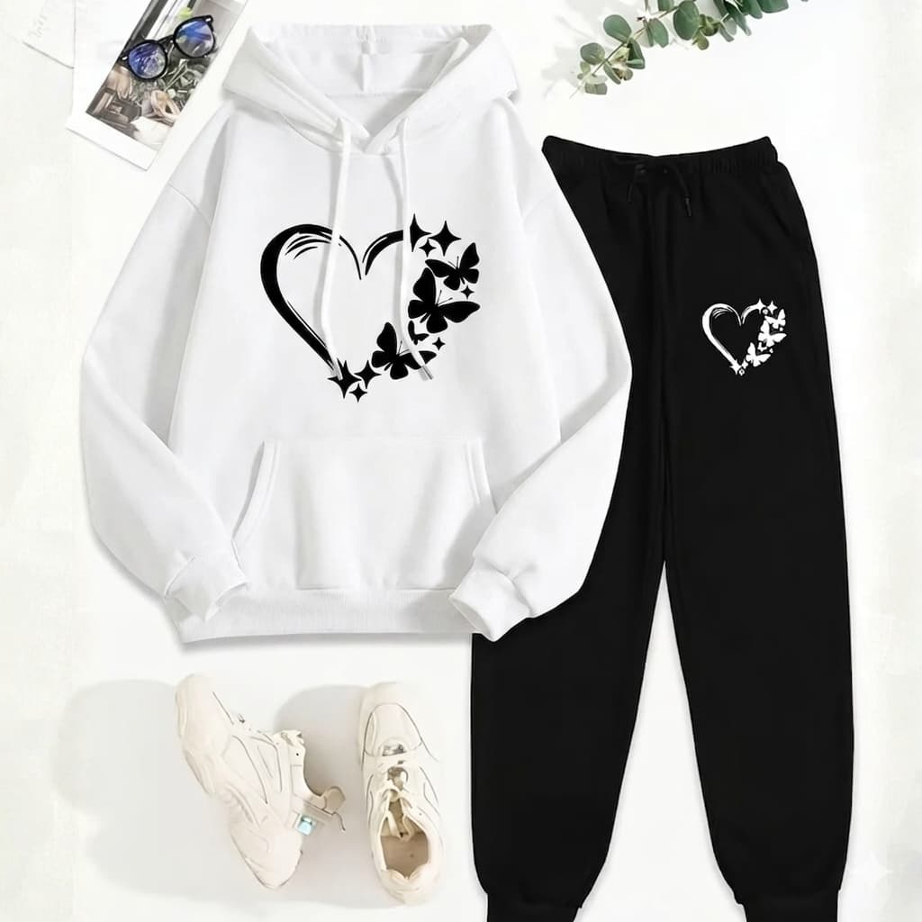 Conjunto Moletom Feminino Moletom Flanelado Com Capuz Coração Borboleta e Calça de Moletom Flanelada