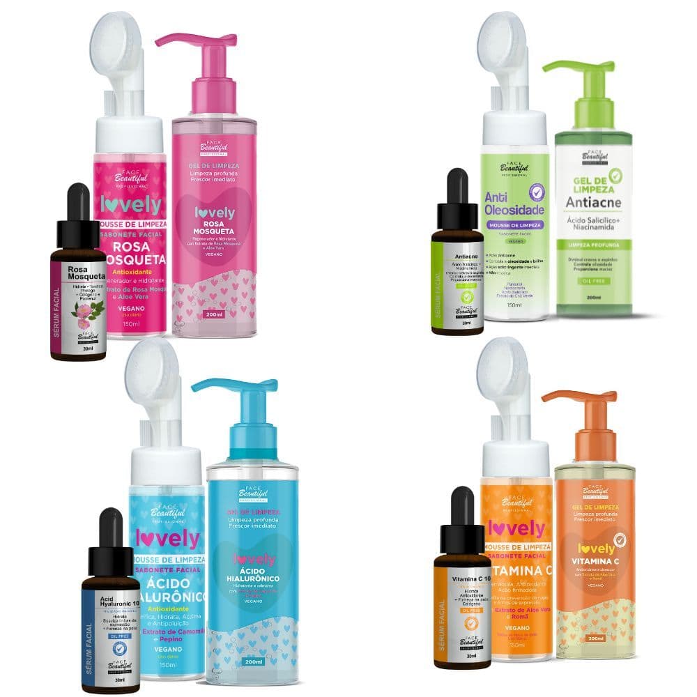 Kit Skincare Lovely Face Limpeza Profunda Sérum Facial Antiacne Vitamina C Rosa Mosqueta