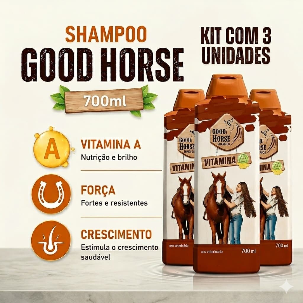 Kit 3 Shampoo Good Horse 700mL para Crescimento e Fortalecimento Cavalos Vitamina A Original
