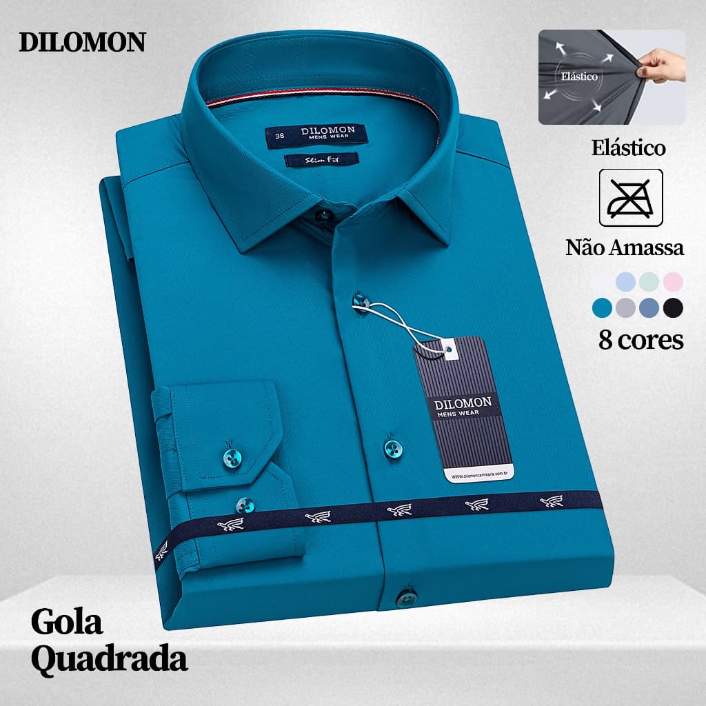 Dilomon Camisa Social Masculina Slim Fit - Não Amassa Elastano Manga Longa Lisa