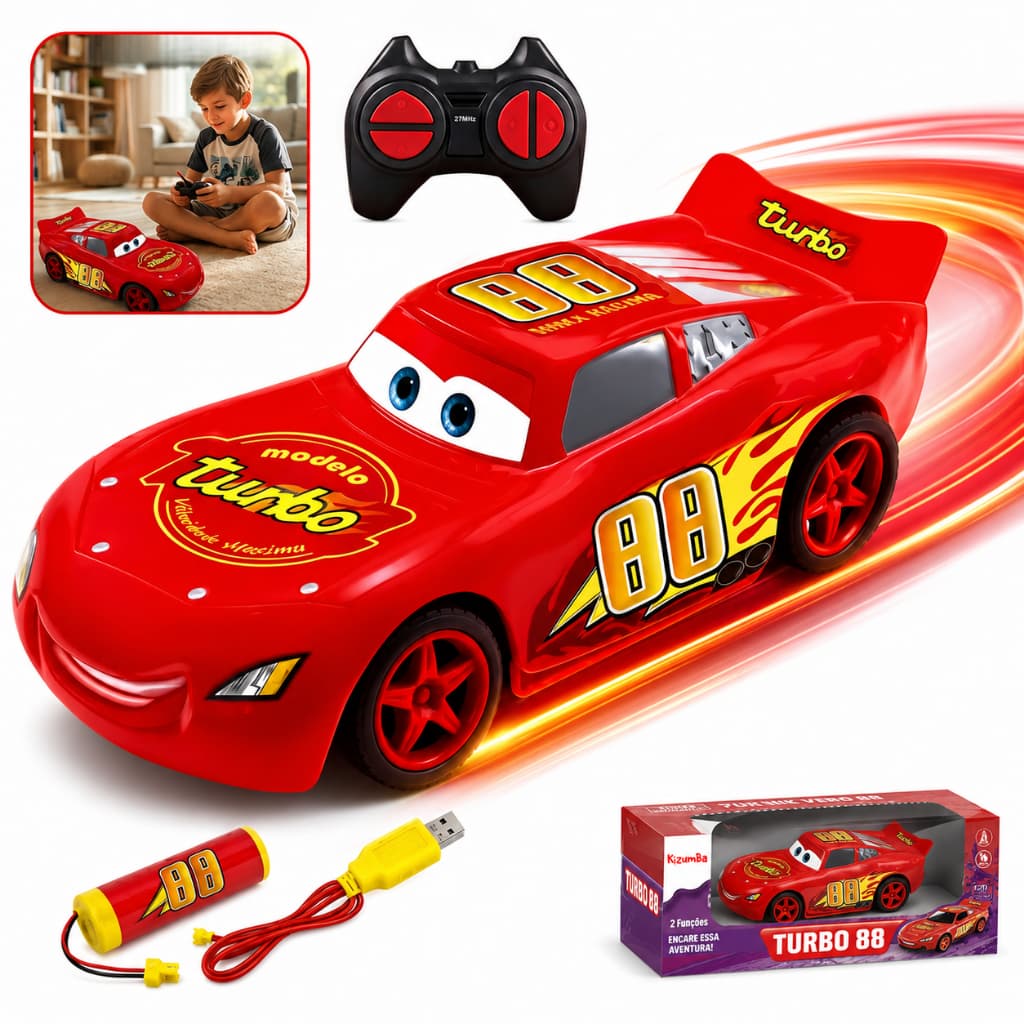 Carrinho Controle Remoto Recarregável Infantil Corrida Velocidade Criança Relâmpago McQueen Kizumba
