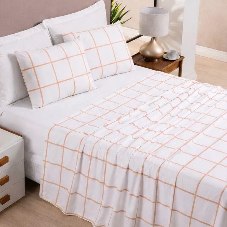 Jogo de Lençol Grid 04 Peças Cama Casal e Queen Micropercal 400 Fios 142g/m²