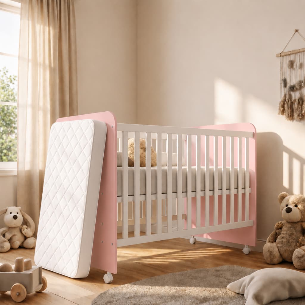 Berço Americano Rosa Colchão Incluso Rodízios Haste Mosquiteiro 110x60 cm Berço Infantil Bebê Menina