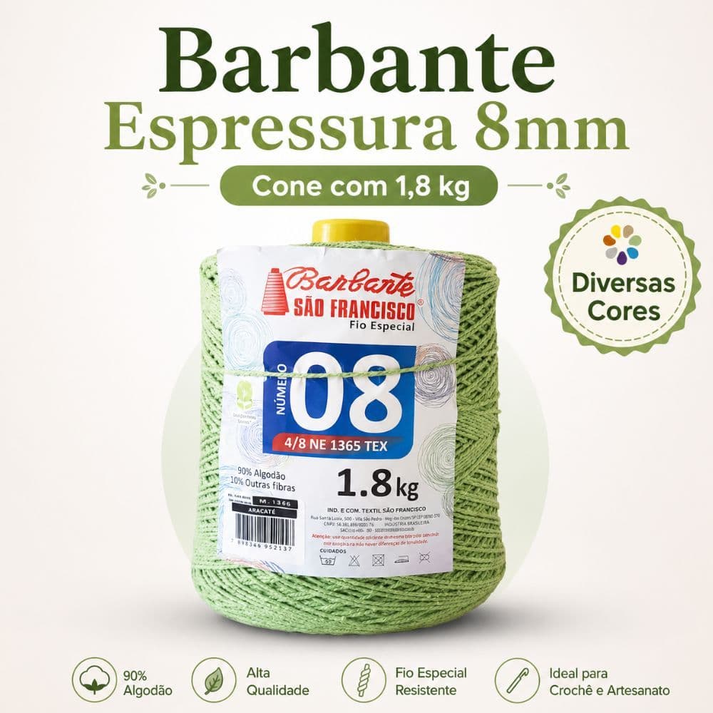 BARBANTE São Francisco Colorido N°08 1.8kg- Linha de Crochê para Tapetes e Souplat..