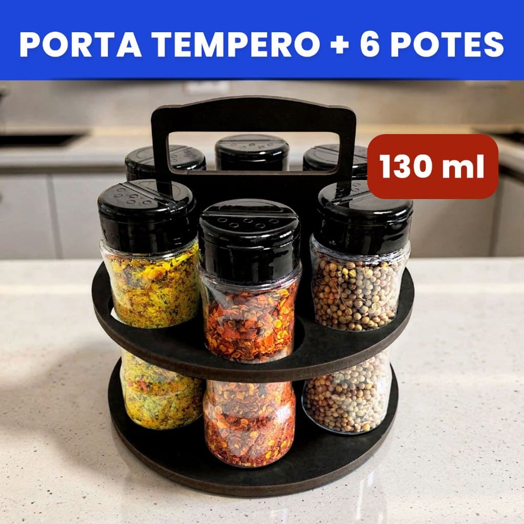 Suporte de Tempero Redondo com 6 Potes 130ml Tampa Dupla + Etiquetas