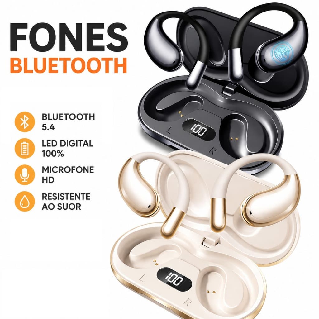 Fone de Ouvido Bluetooth 5.4 Aberto Gancho Ergonômico Display Digital Resistente à Água D68