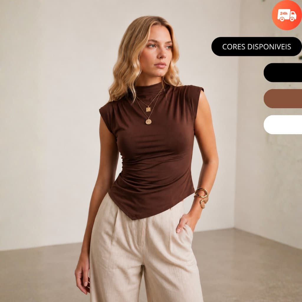 Blusa Gola Alta Básica Assimétrica Regata Manga Curta Elegante Formal Festas Dia a Dia Casual Verão