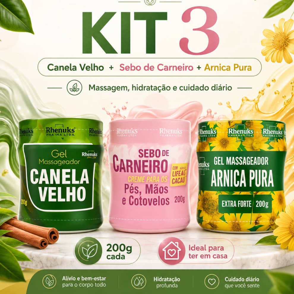 Kit 3 Cremes Rhenuks Canela de Velho Sebo Arnica 200g