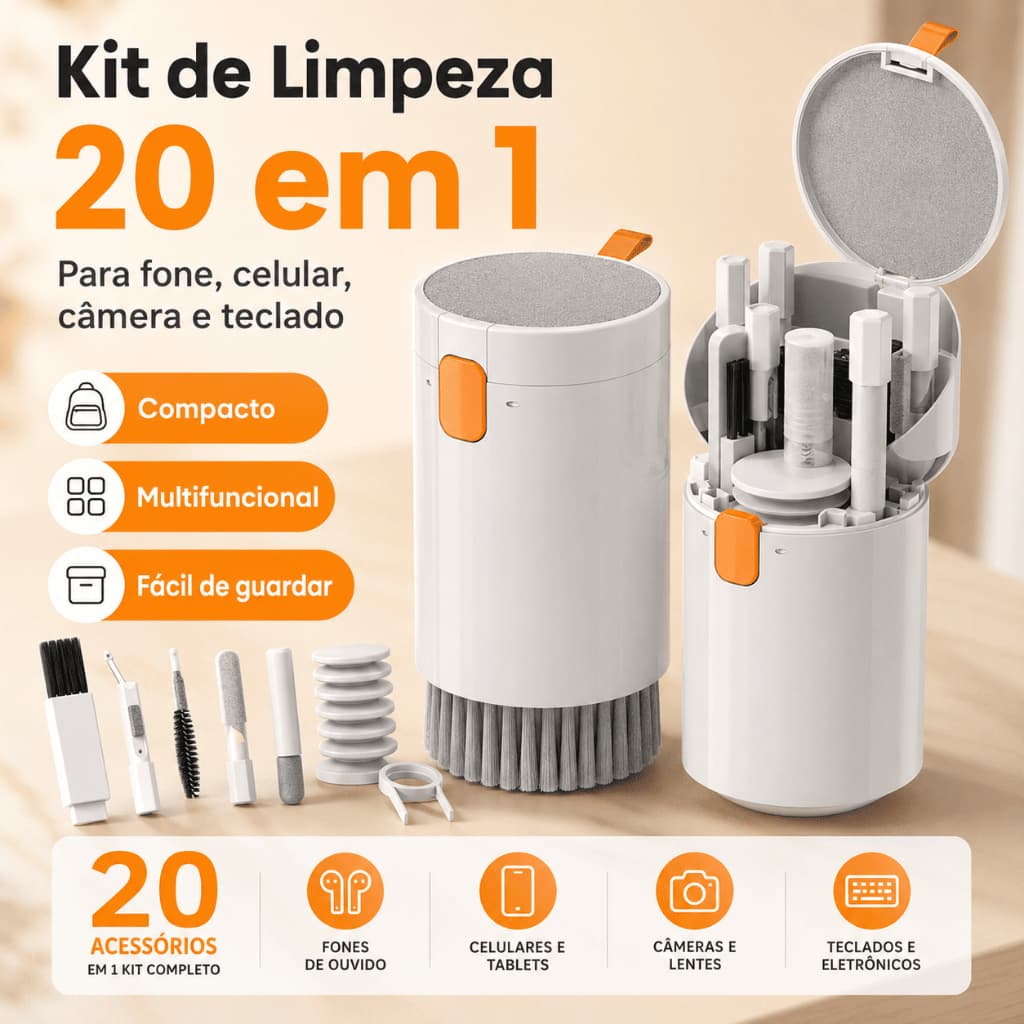 Kit Limpeza Multifuncional 20 em 1 para Fone Bluetooth, Celular, Teclado Mecânico e Câmera DSLR, Estojo Portátil de Arma