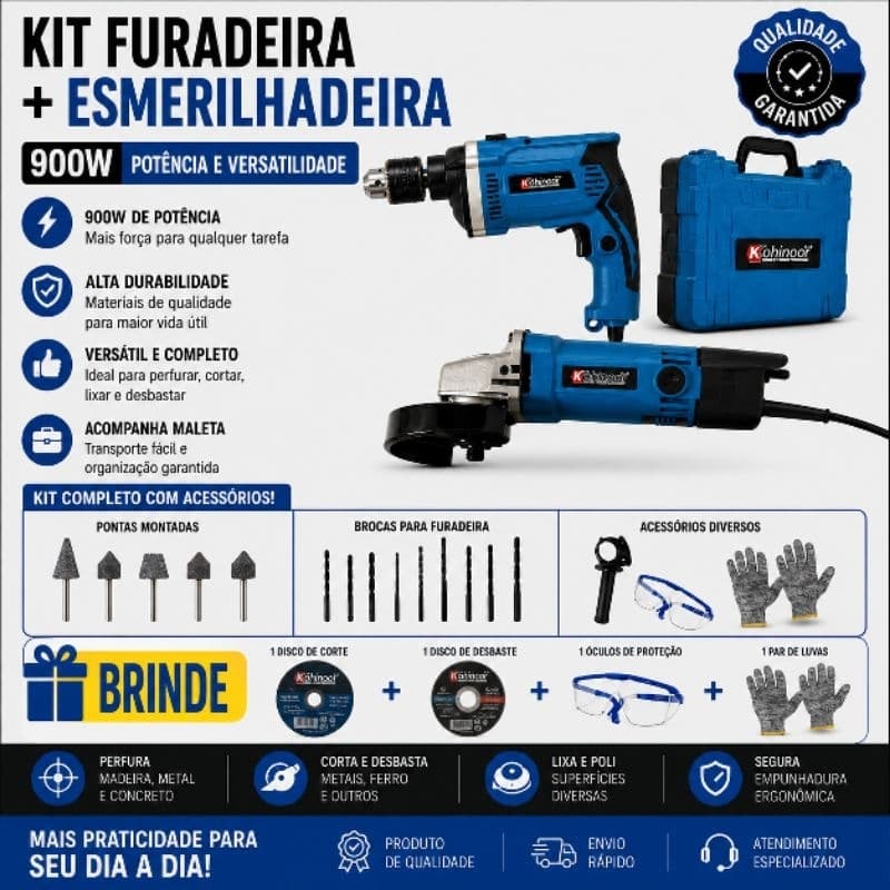Kit Furadeira + Esmerilhadeira Azul 900W