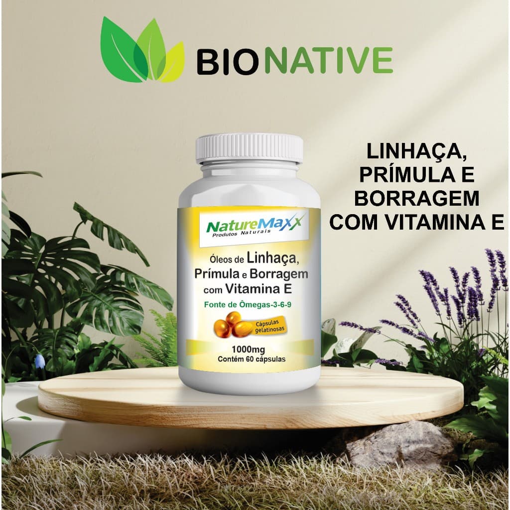 Linhaça Dourada Prímula Borragem Vitamina E Ômegas-3-6-9 ÓleoBio Softgel 1000mg 60 Cápsulas - Menopausa - BIONATIVE