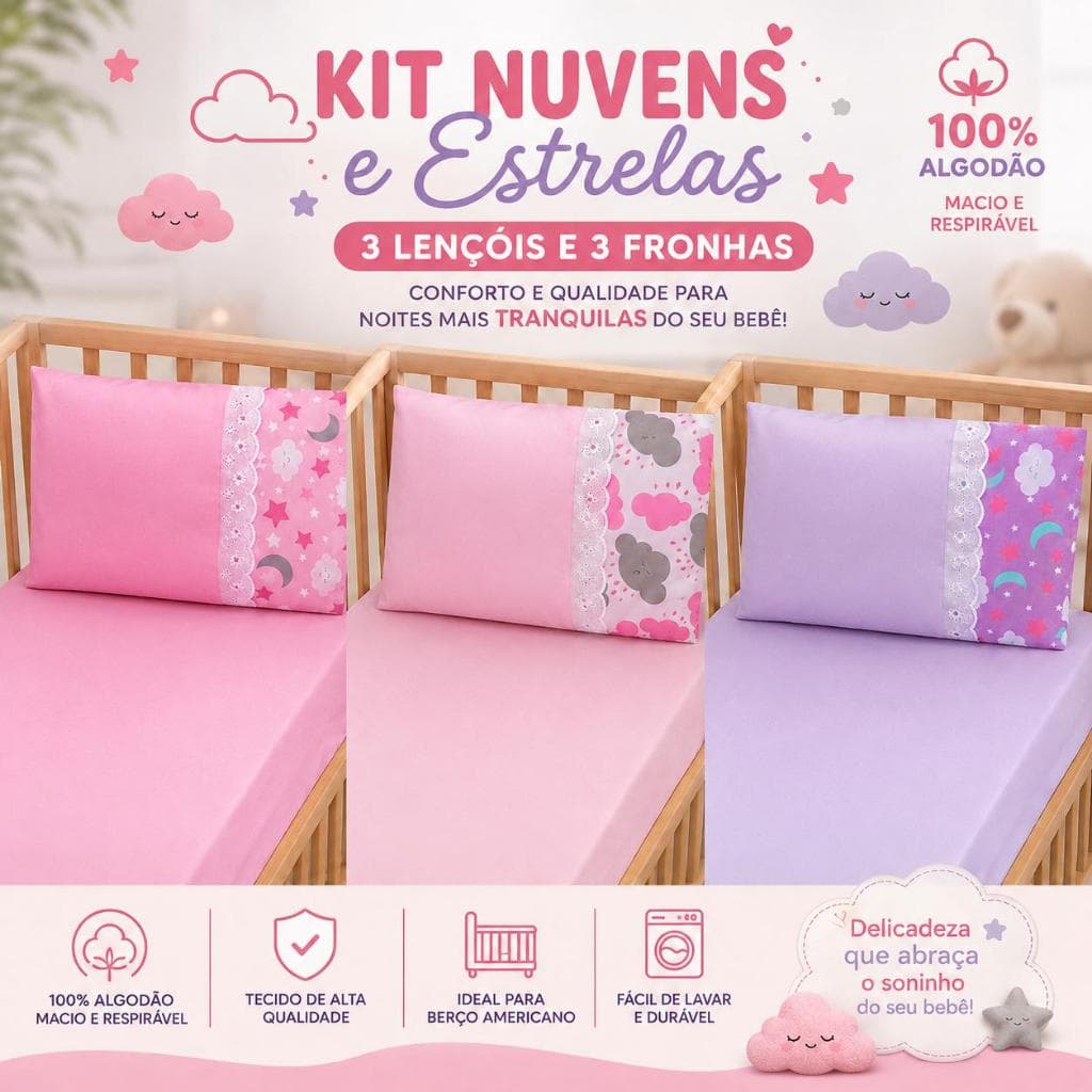 KIT 3 JOGOS DE LENÇOL PARA BERÇO AMERICANO 100% ALGODÃO NUVEM ESTRELAS MENINA