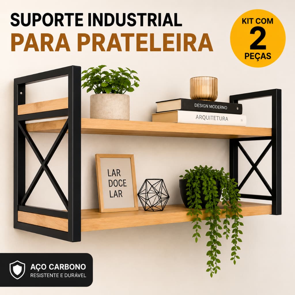 Suporte Industrial Para Prateleira Kit 2 Peças Aço Carbono Preto Nicho Decorativo Parede
