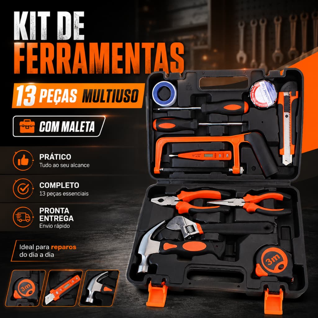 Kit de Ferramentas Multi-Uso KK003-2 com 13 Peças - Compacto e Completo para Reparos e DIY - ATACADO