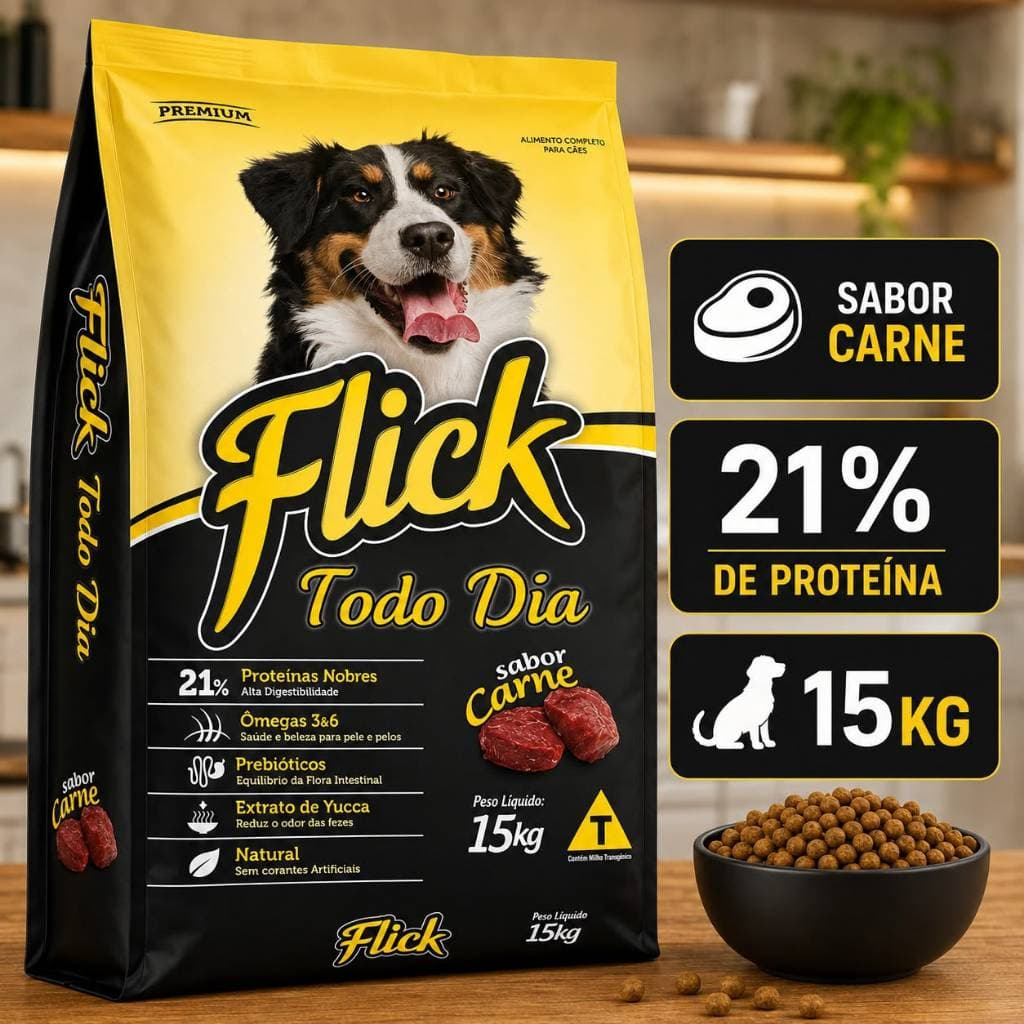 Ração Cachorro Flick Todo Dia 15kg Carne Premium Cães Adultos Ômegas 3 e 6