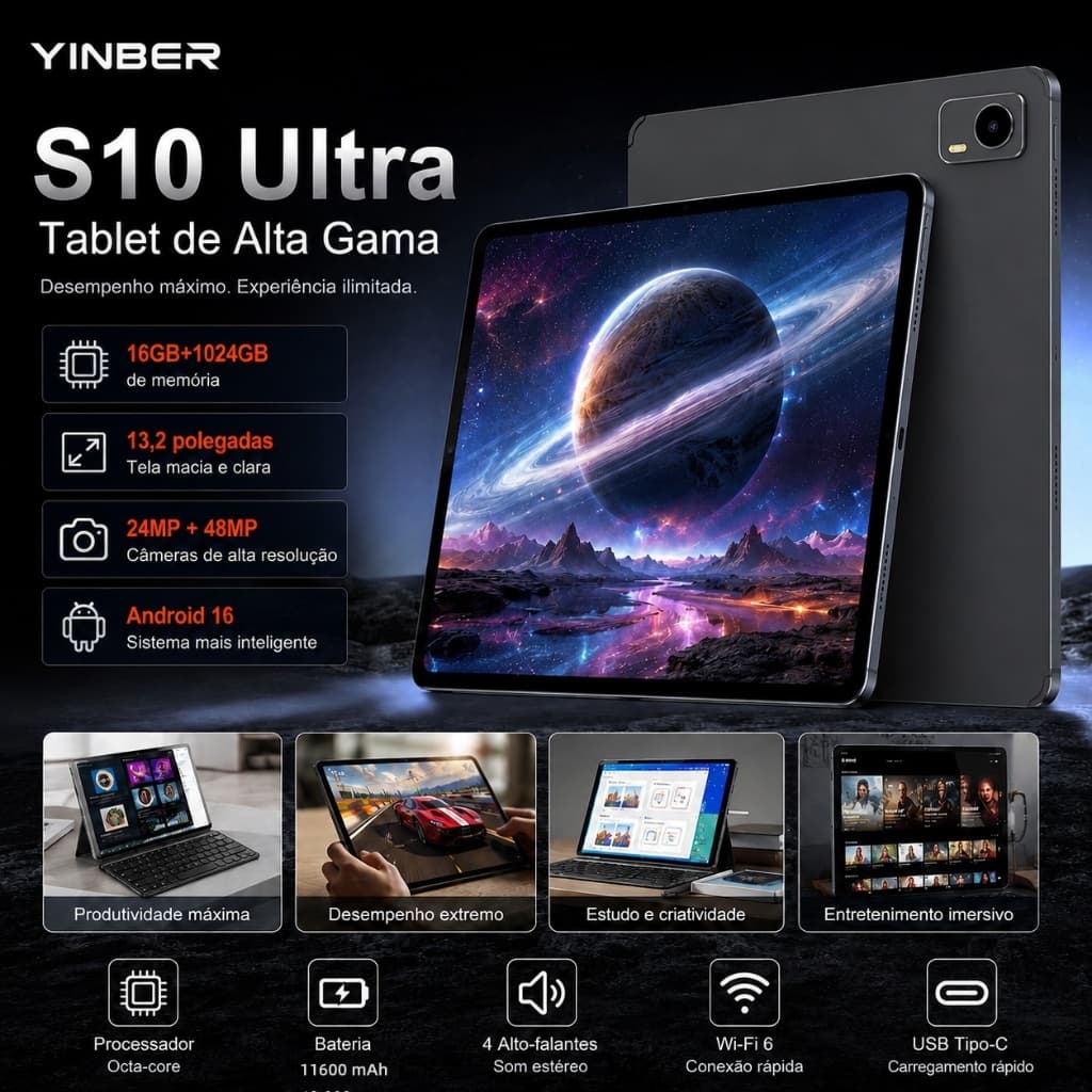 YINBER S10 Ultra Tablet 2 em 1 13.2" 4K | 16GB+1024GB RAM | Android 16 |E-sports Resfriamento Líquido | Teclado e Caneta