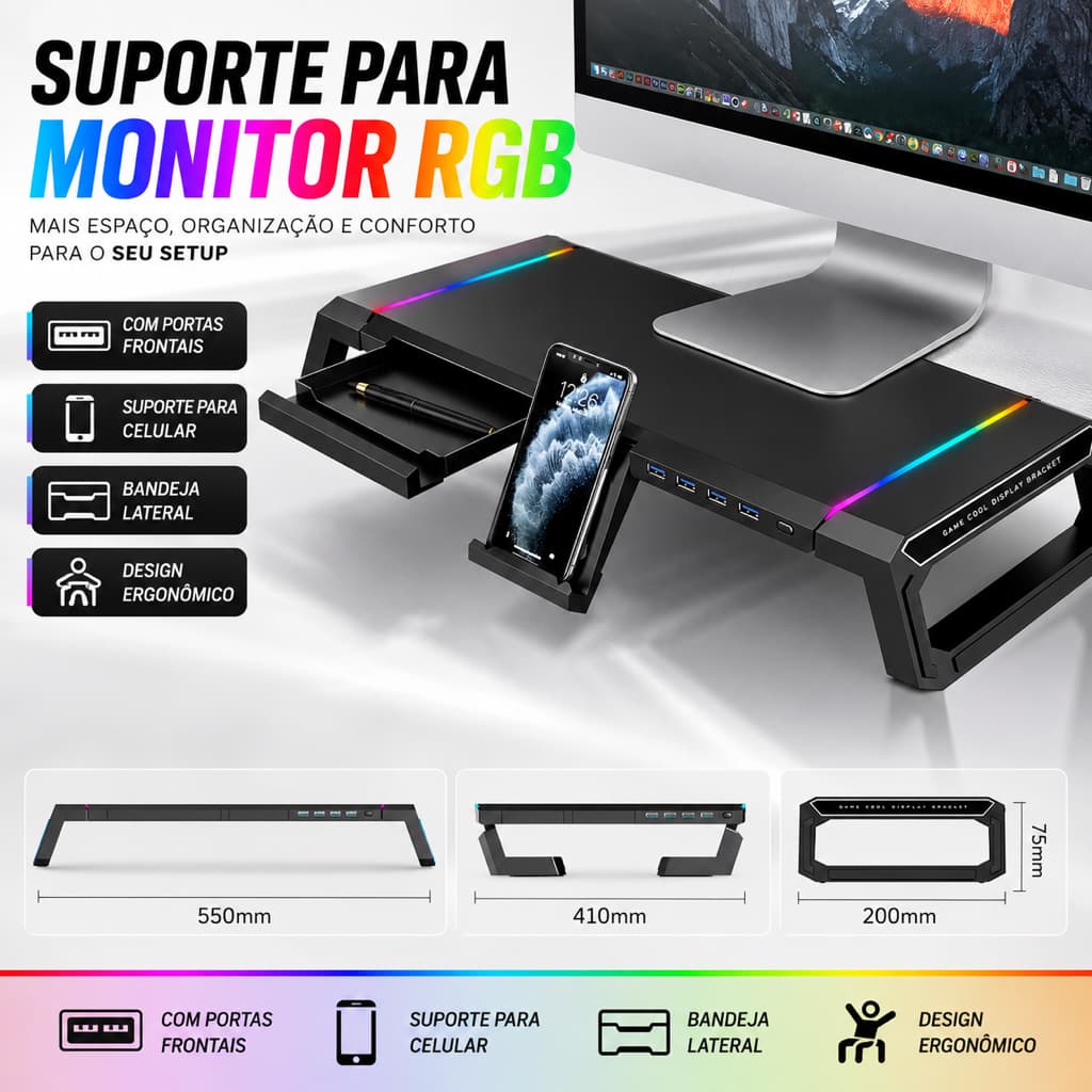 Base para Monitor Gamer Setup RGB Led Preto Gaveta 4 Portas USB Flexível Até 30kg Escritório Home