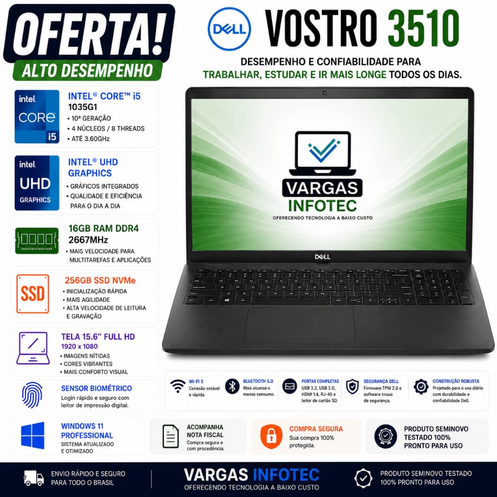 NOTEBOOK DELL VOSTRO BARATO - I5 1035G1 / 16GB RAM / 256GB SSD NVME / 15,6" FHD / W11