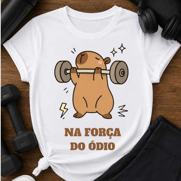 Camiseta Capivara Academia Na Força do Ódio Feminina | Camisa Engraçada Fitness Musculação Treino
