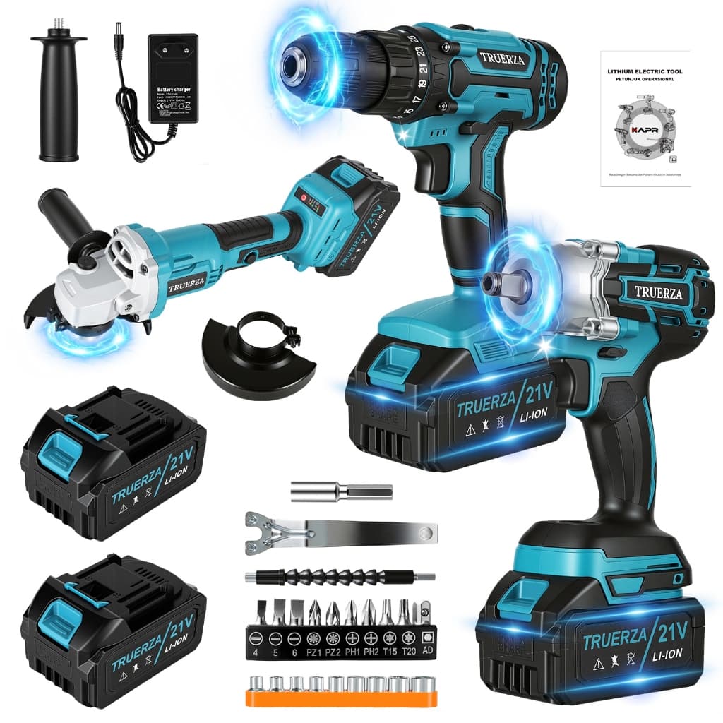 Kit 3 Ferramentas Sem Escovas 21V TRUERZA Furadeira + Chave de Impacto + Esmerilhadeira Angular com 2 Baterias de Lítio