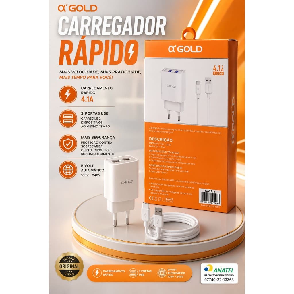 Carregador Rápido A'Gold 4.1A 2 USB Tipo-C Original Anatel Bivolt Carrega 2 Celulares