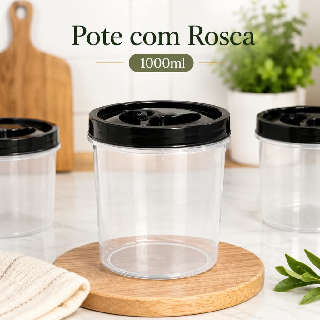 Pote Multiuso com Rosca 1000ml Transparente Tampa Preta Organizador de Mantimentos Cozinha BPA Free