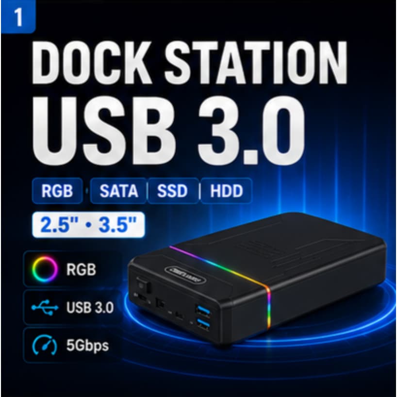 Dock Station USB 3.0 RGB Para HD SSD SATA M.2 NVMe 2.5" 3.5" KNUP HD844 Com Fonte Externa Até 16TB