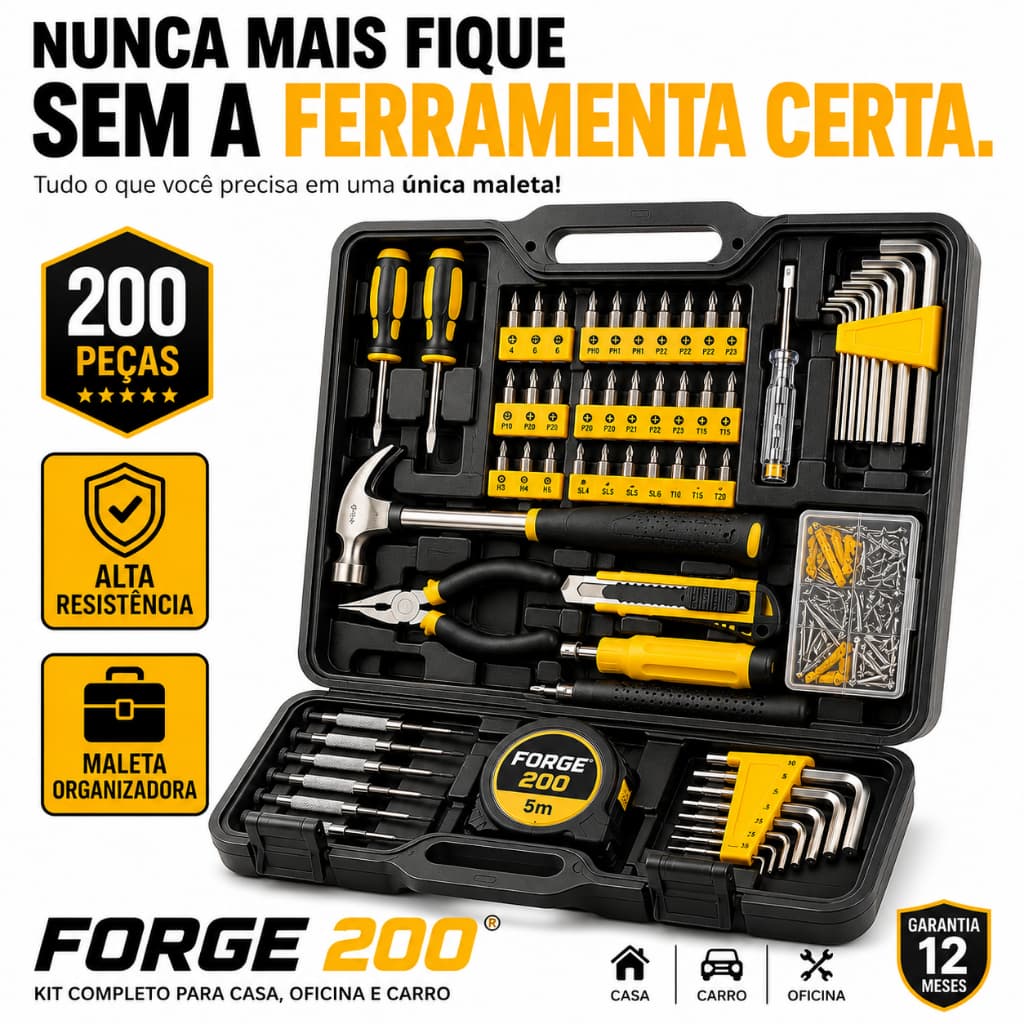 Maleta Ferramentas 200 Peças Kit Completo Chaves Alicate Martelo Reparo Casa Oficina- Forge 200