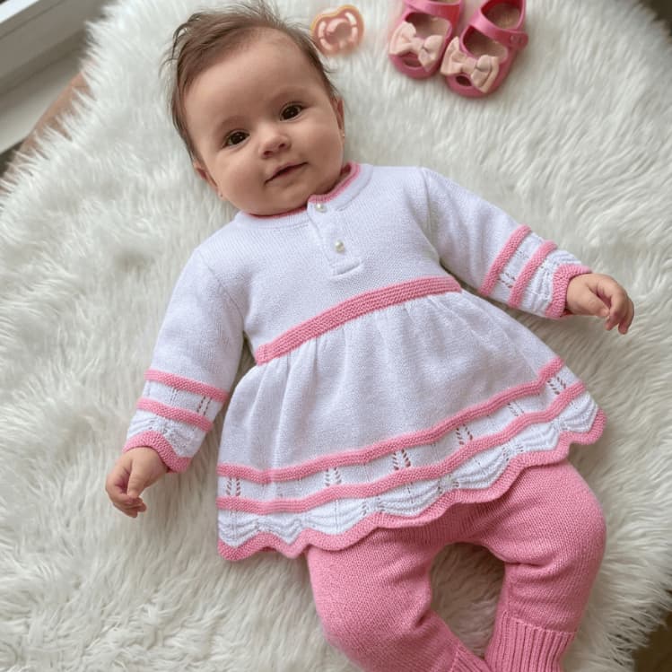 Vestido com caça Menina Bebe Rescem Nascido Perola Trico Saida Maternidade Conjunto