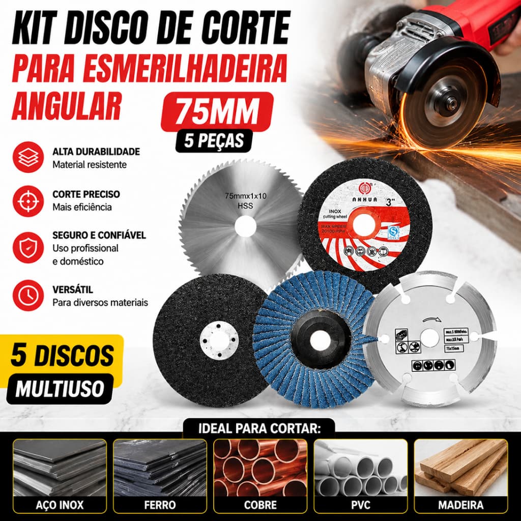 Kit Disco De Corte 75mm Para Esmerilhadeira Angular Metal Madeira Plástico