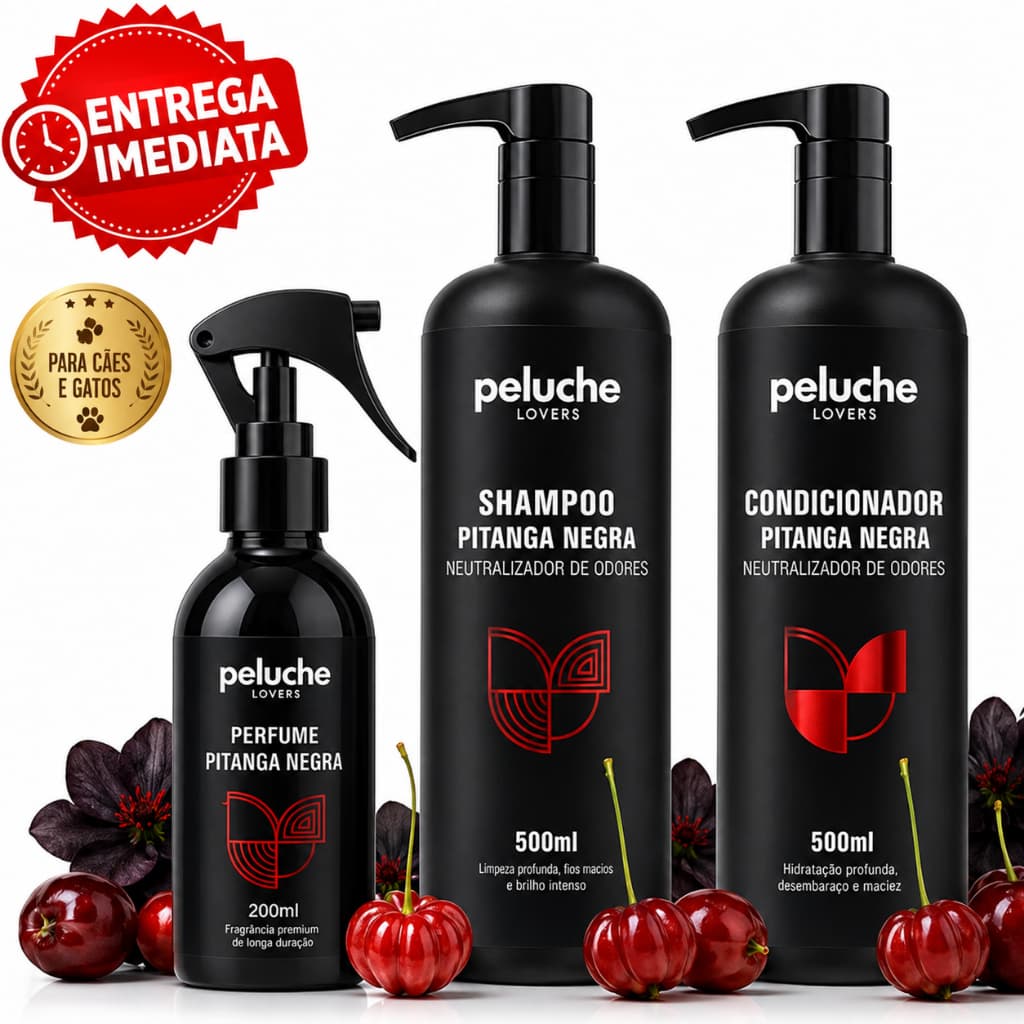 Kit Banho Pet Peluche Premium Shampoo + Condicionador + Perfume Pitanga Negra para Cães e Gatos