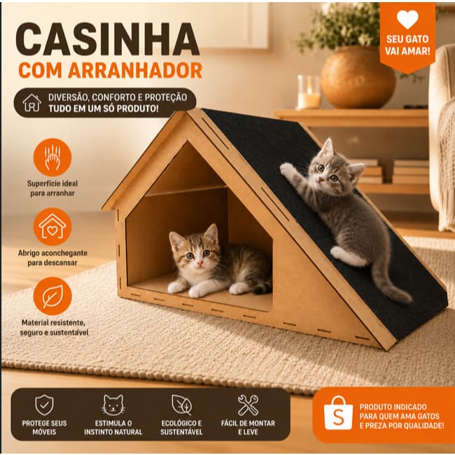 Casinha para Gatos com Arranhador em MDF | Toca Pet Resistente | Cama, Abrigo e Arranhador Integrado | Fácil de Montar