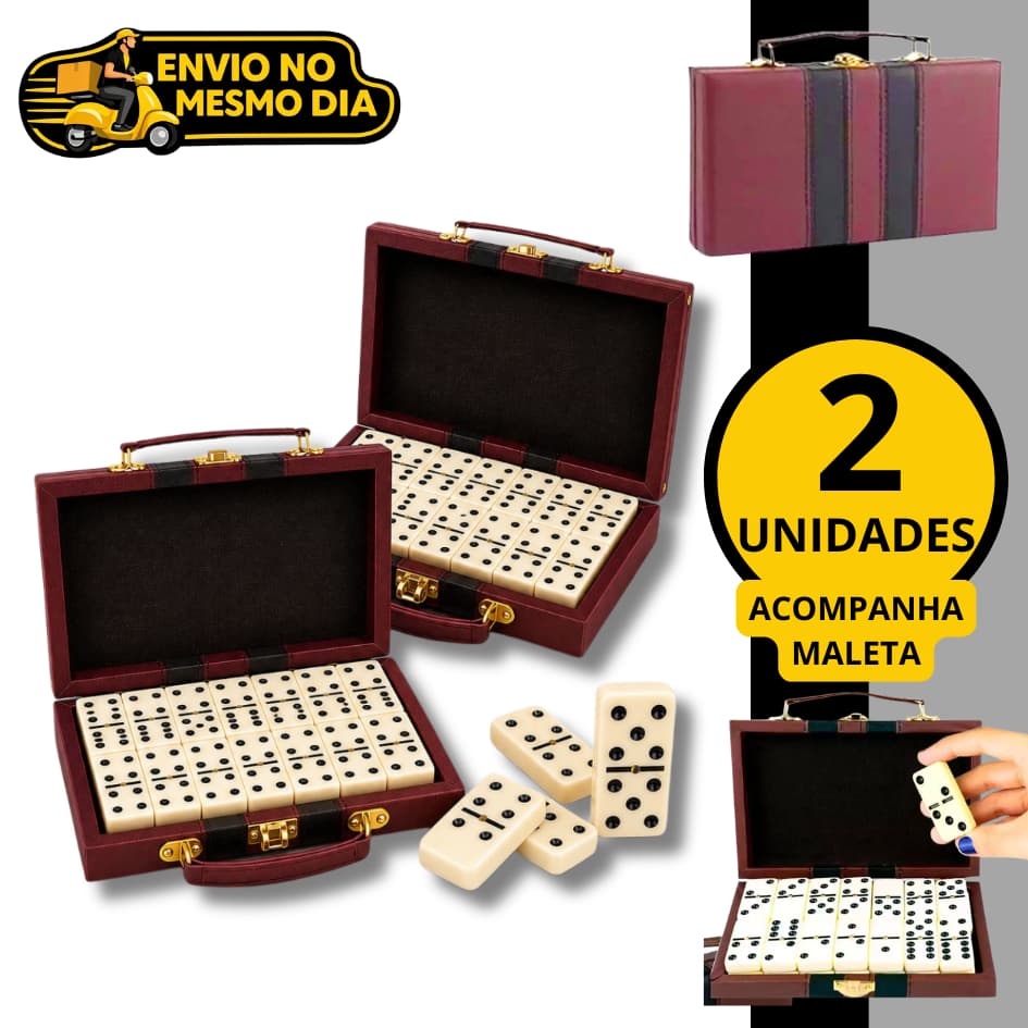 KIT 1/2 Jogo de Domino Profissional 28 Peças de Osso Grandes com Maleta Luxo Estojo para Transporte Família
