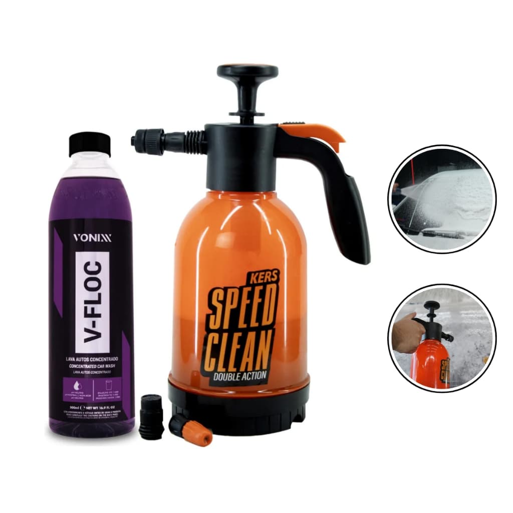 Kit V-Floc Shampoo Vonixx + Snow Foam Pulverizador Espuma Speed Clean Kers 2L Limpeza Carros Motos
