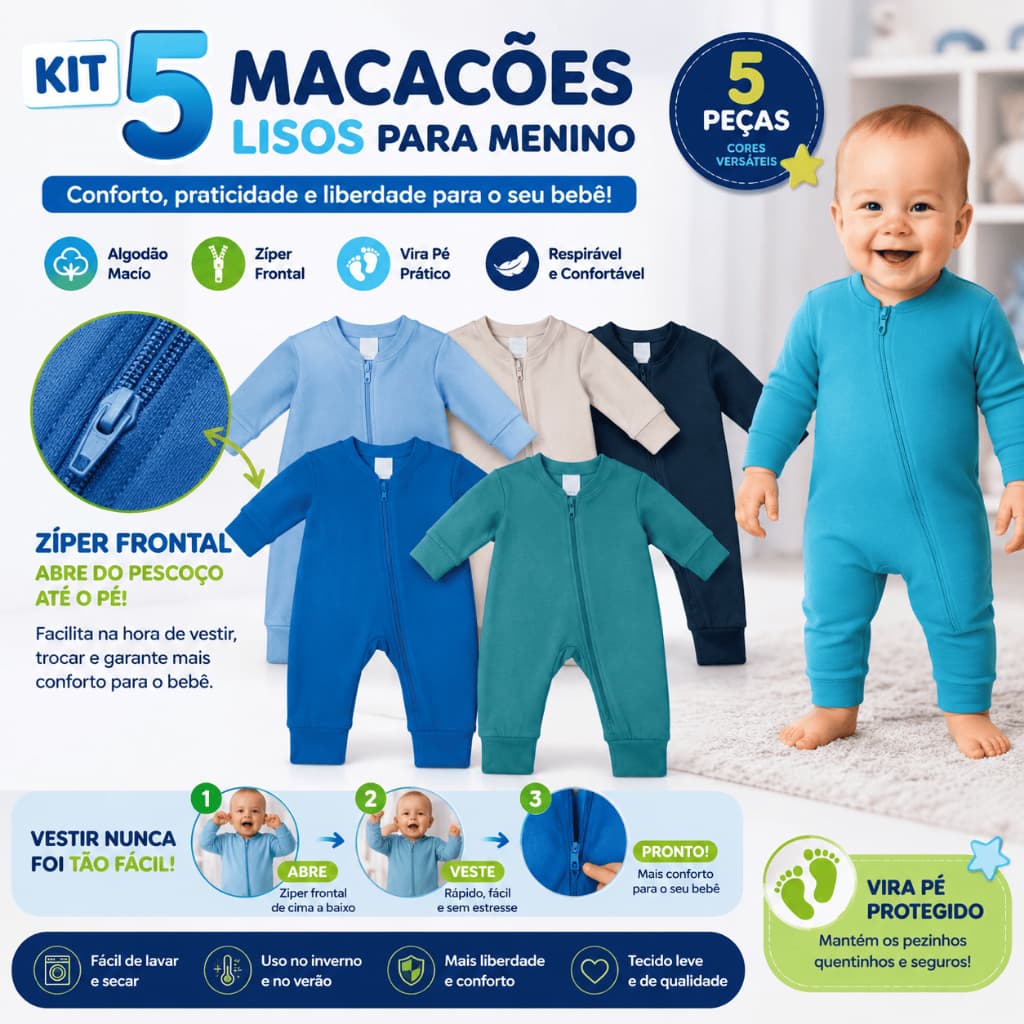 Kit 5 Macacão Bebê Ziper Menino Algodão Vira Pé Inverno Enxoval Macio Inverno Menina