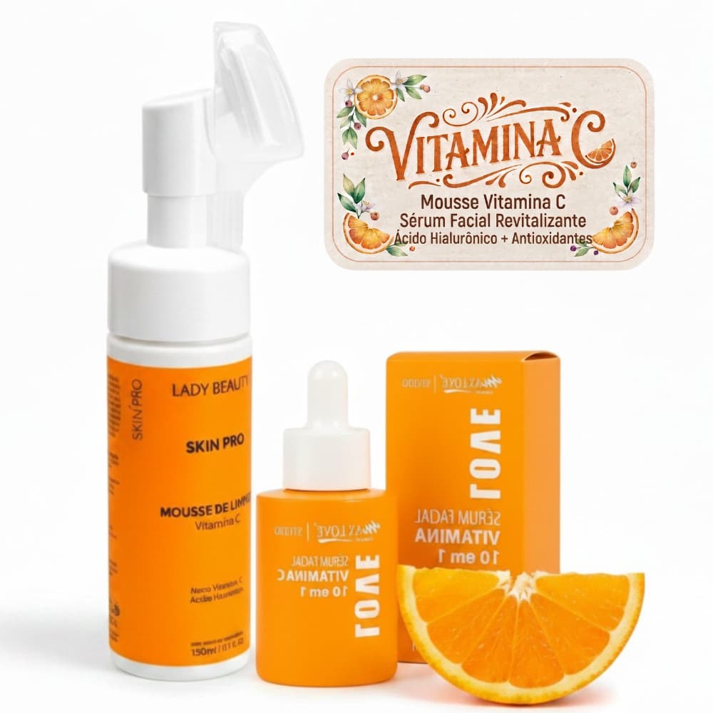 Kit Skincare Vitamina C Completo: Mousse Limpeza Pele + Sérum Facial Clareador Presente Namorada