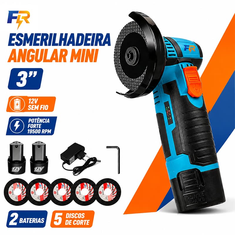 Esmerilhadeira Angular Mini Sem Fio 12V Recarregável 2 Baterias, 5 Discos, 19500RPM para Corte de Mármore e Metal