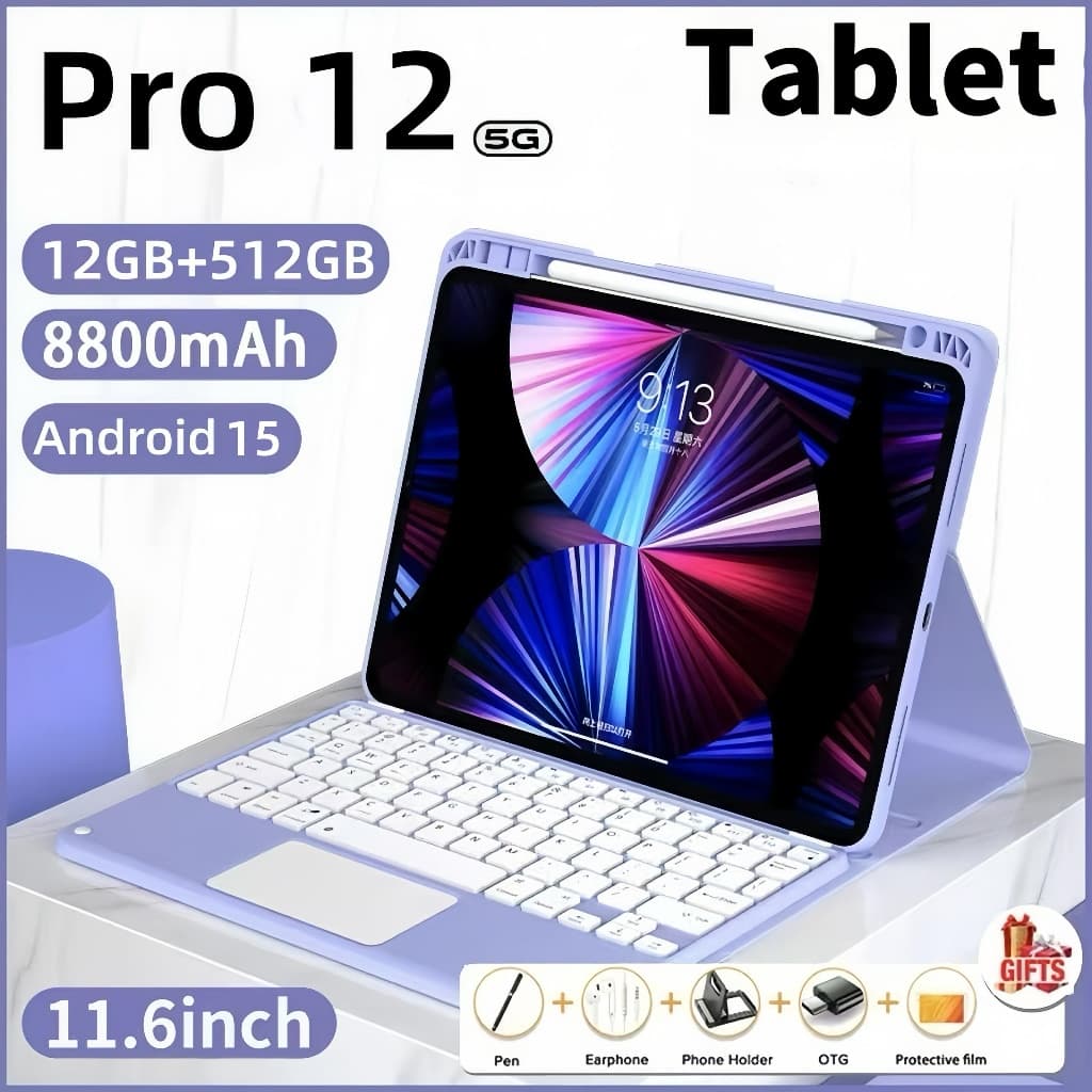 [Teclado e mouse gratuitos] Tablet Pro12 Max Android tablet 11,6 polegadas 12GB + 512GB 8800mAh bateria dual SIM 5G