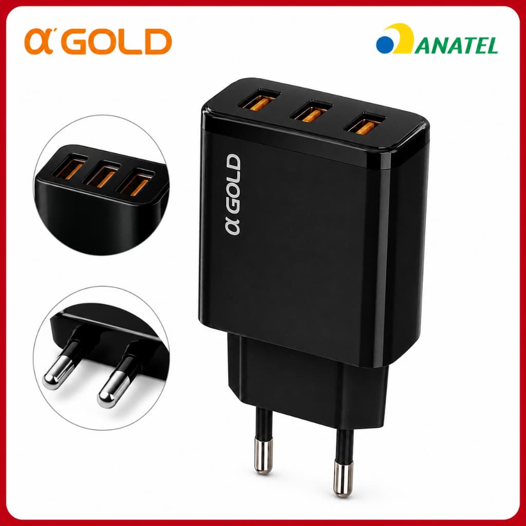 Fonte USB α'Gold 5.1A 3 Saídas Carregador Rápido Universal