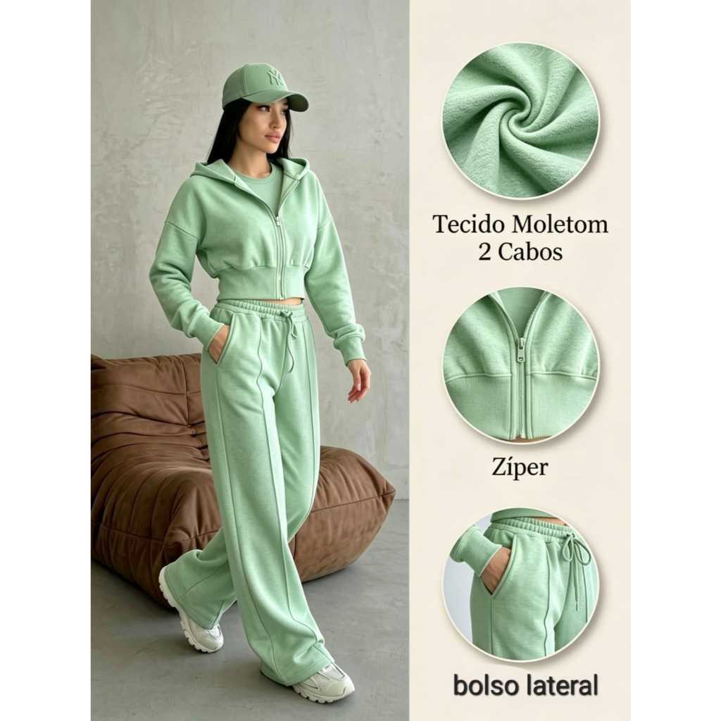 Conjunto Moletom Feminino com zíper +capuz calça cargo longo moda inverno