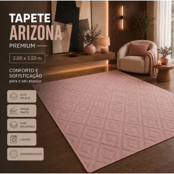 Tapete Sala 2,50x2,00 Geométrico Alto Relevo Premium Macio Antiderrapante Quarto Escritório Rosa Claro