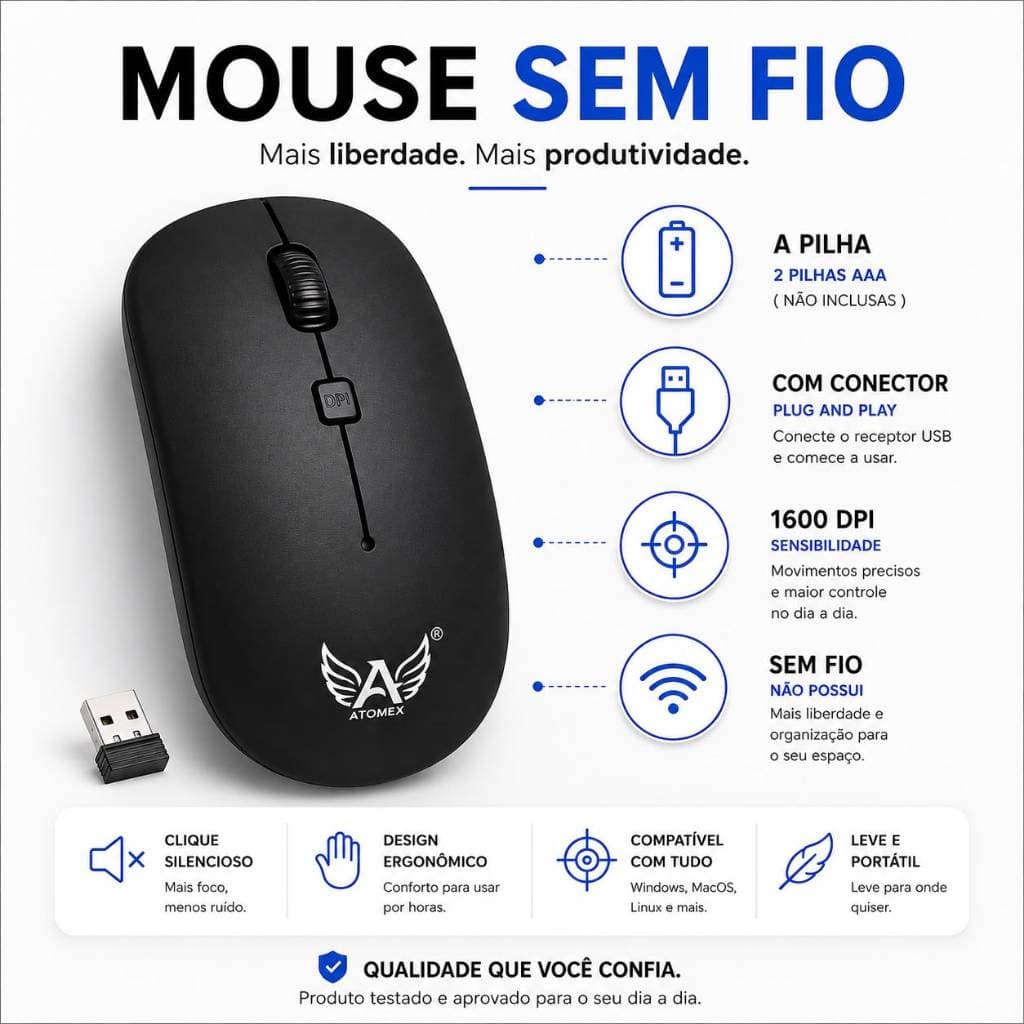 Mouse Sem Fio Wireless 2.4GHz USB 1600 DPI Silencioso Ergonômico para Notebook PC Mac