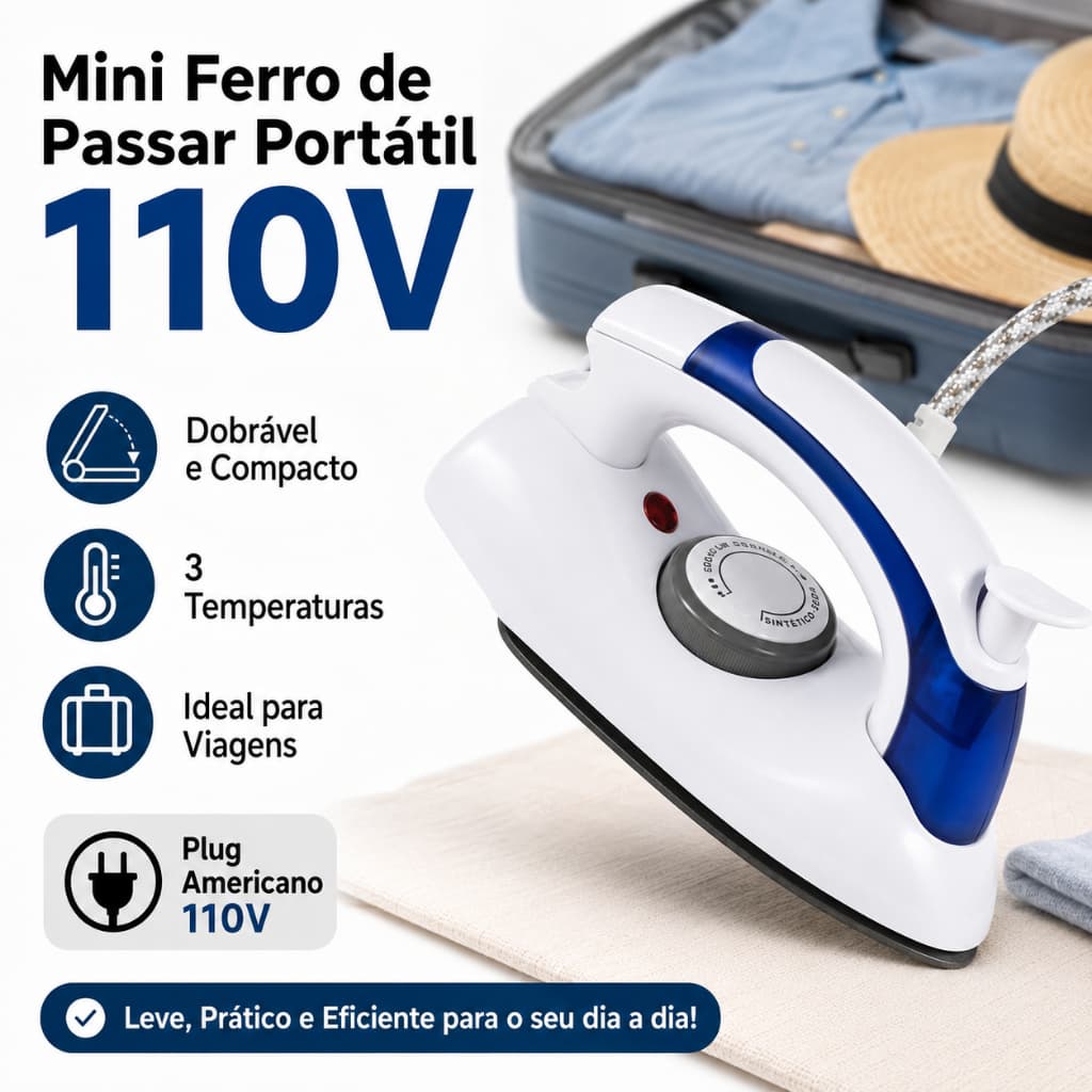 Mini Ferro Elétrico Dobrável a Vapor com Controle de Temperatura para Viagem