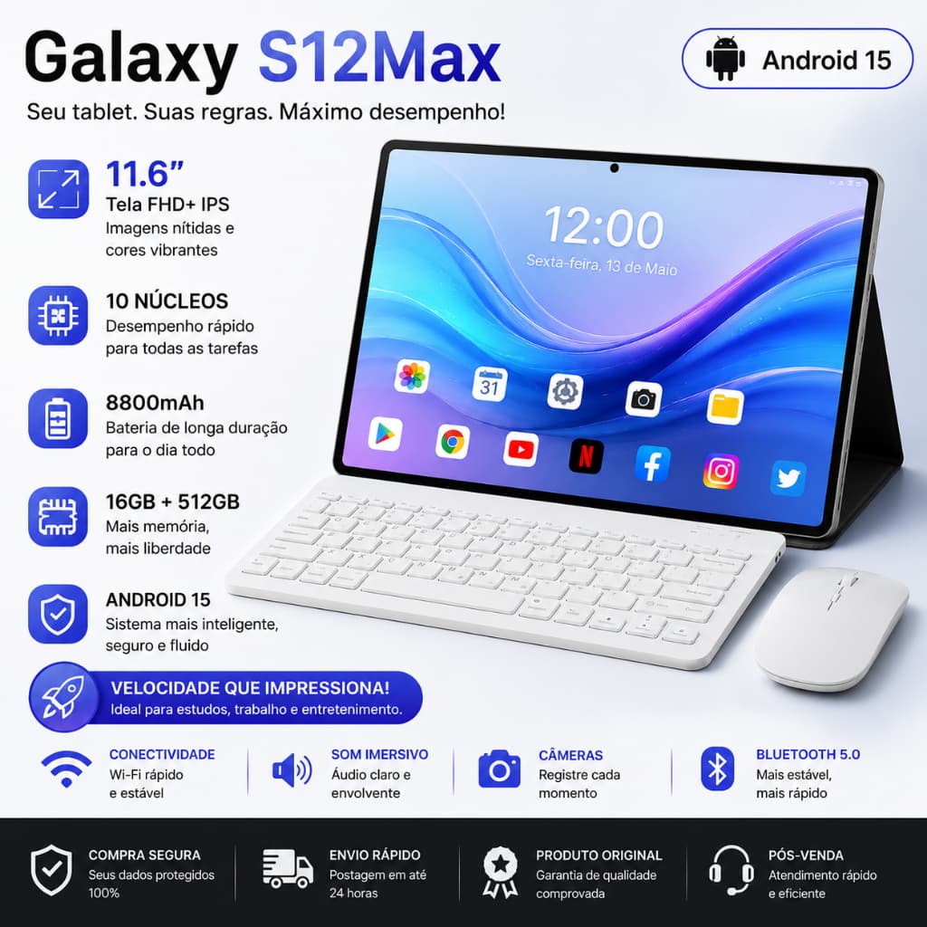Galaxy S12 Max Tablet | 16GB RAM 512GB | Android 15 | 11.6" HD screen | 5G | With Free Keyboard and Mouse