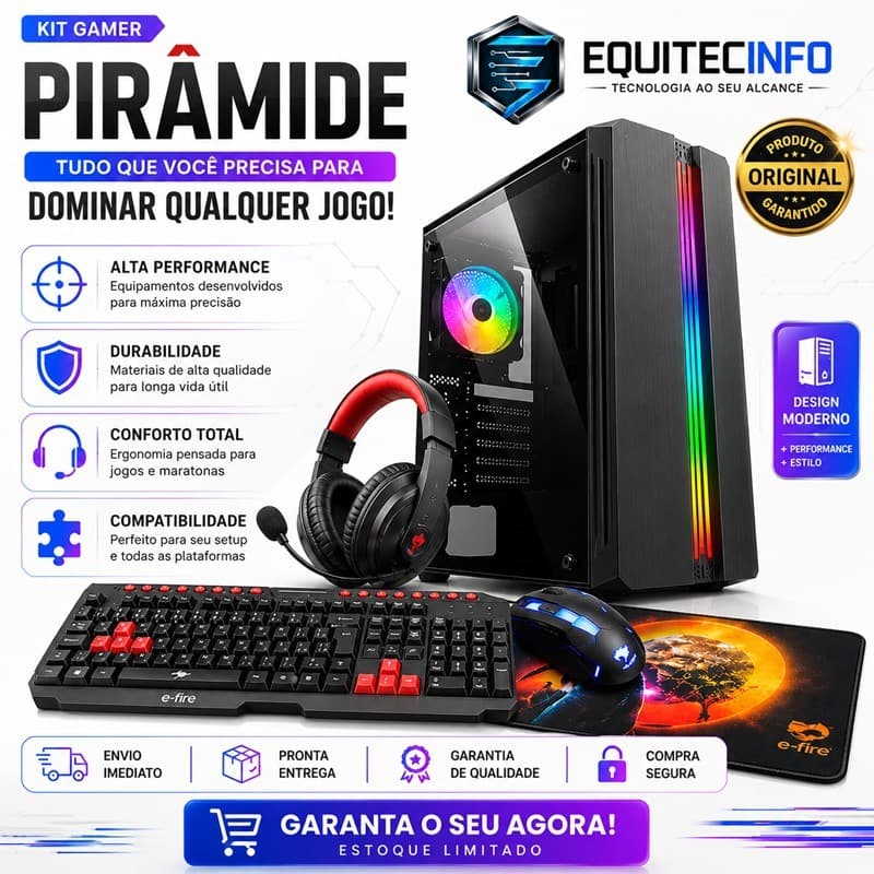 Kit Gamer Completo RGB Gabinete ATX Headset Mouse Gamer Teclado ABNT2 Mouse Pad Setup Pirâmide
