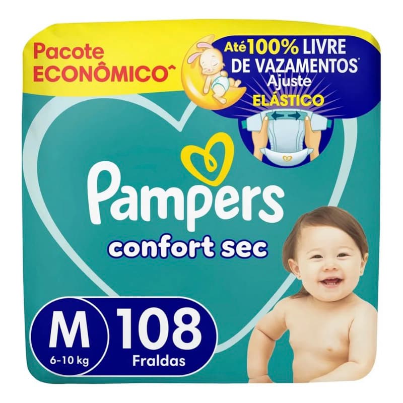 Fralda Pampers Confort Sec M 108 unidades - 100% livre de vazamentos