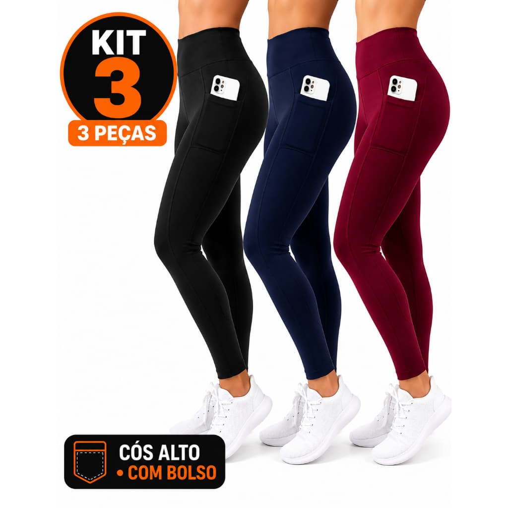 Kit 3 Calça Legging Feminina com Bolso Lateral Fitness Cós alto Esportiva ideal guardar objetos