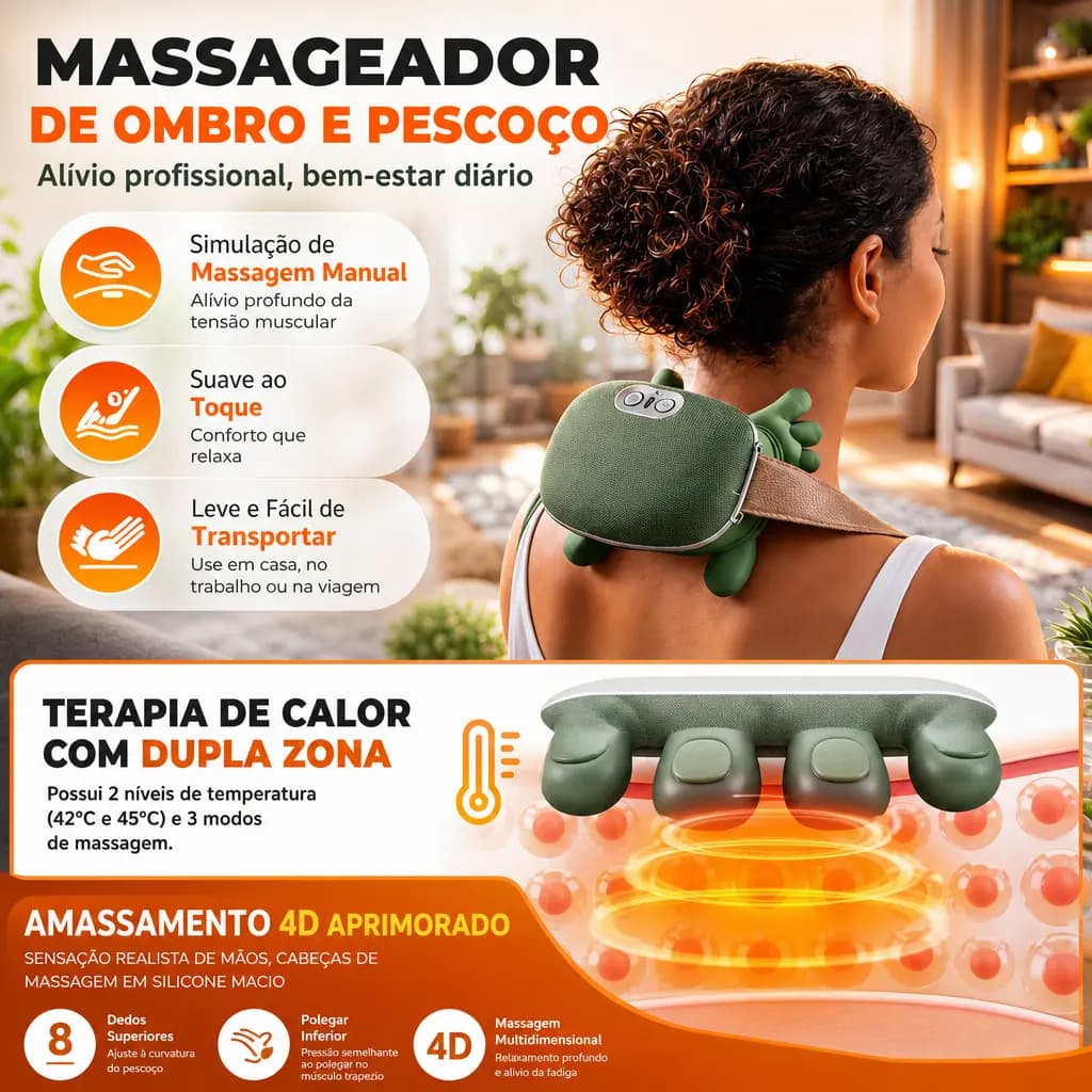Massageador 8 Pontos com Aquecimento para Pescoço e Ombros - Relaxamento Muscular e Alívio