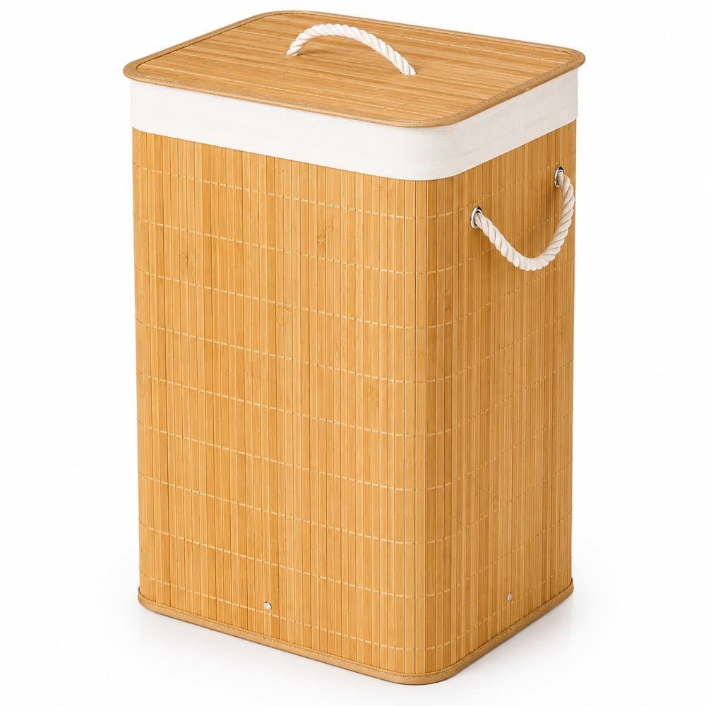 Cesto de Roupa Suja Bambu Dobrável com Tampa e Forro Organizador Grande e Resistente Banheiro Bege 70 litros
